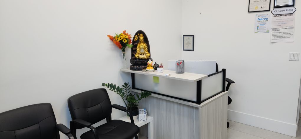 Reception desk and welcome area at the front of the clinic